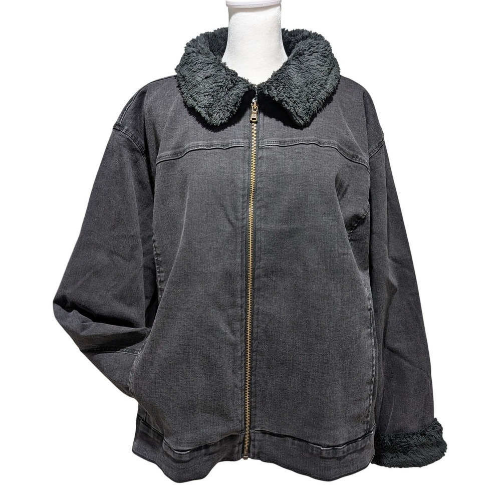 Isaac Mizrahi Live 2X Washed Black Faux Fur Lined Denim Jacket Full Zip NWT